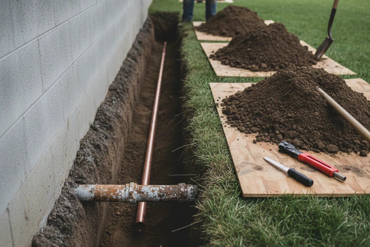 Excavated water line trench during Water Softener Installation in Sunbright